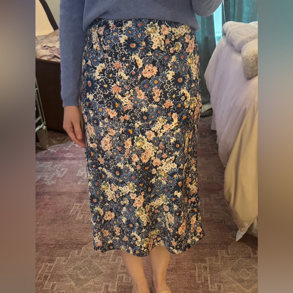 LOFT Navy Floral Midi Skirt